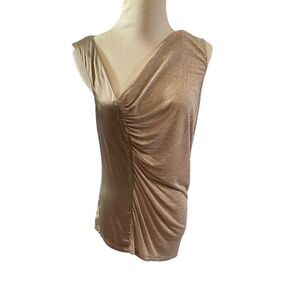Heather Champagne Gold Mixed Media Ruched Asymmetrical Sleeveless Top Small